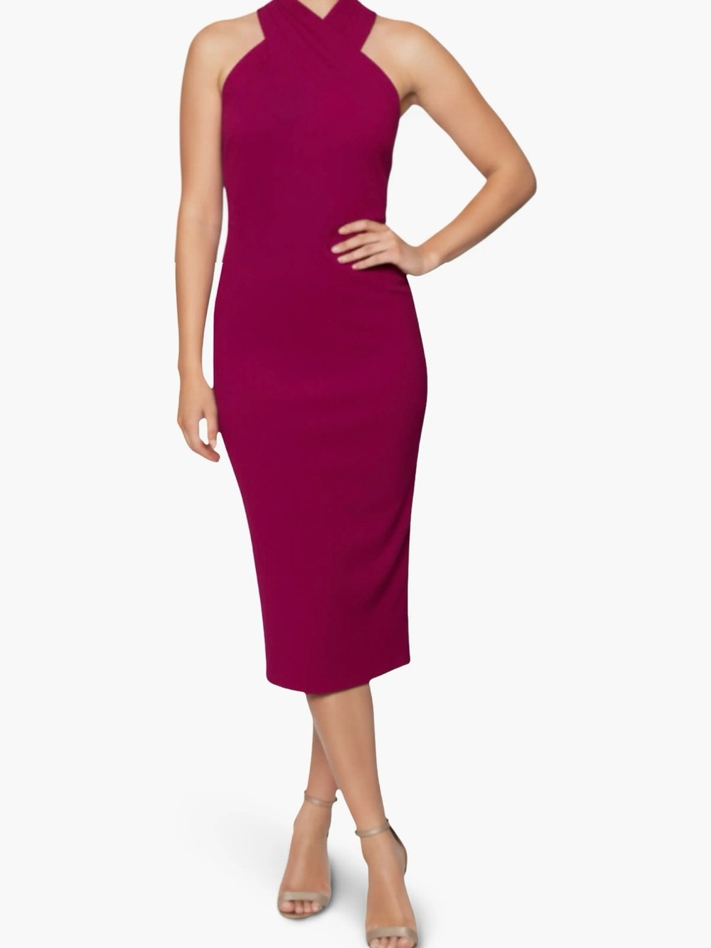 Women’s Rachel Roy Crossover Halter Midi Sheath Dress Sangria Elegant Cocktail
